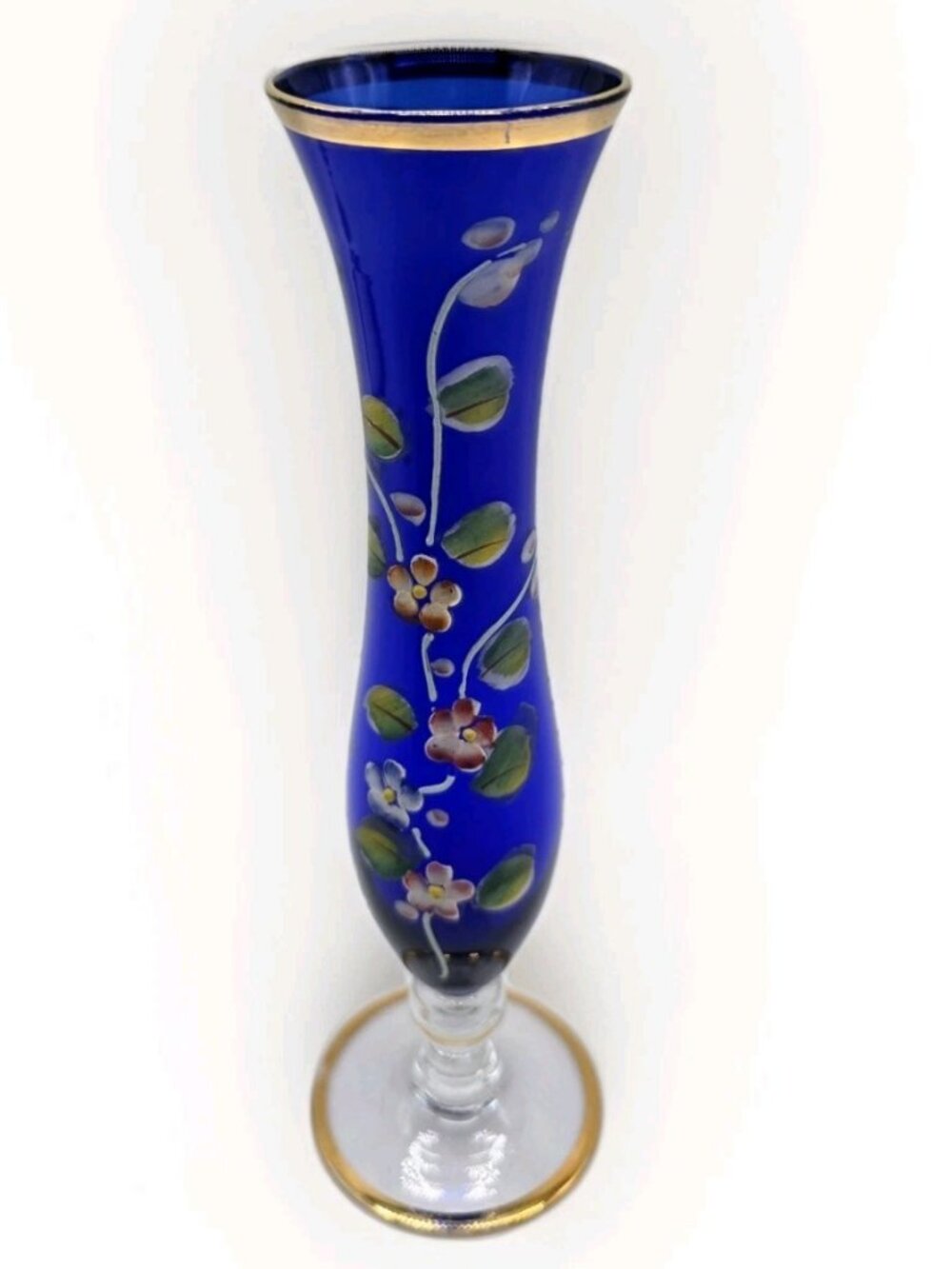 Vintage Arnart Bohemian Glass 8" Bud Vase Cobalt Blue Enamel Flowers Glam